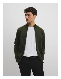 Australian Cotton Silk Blend Zip Through Knit Jacket in Deep Khaki