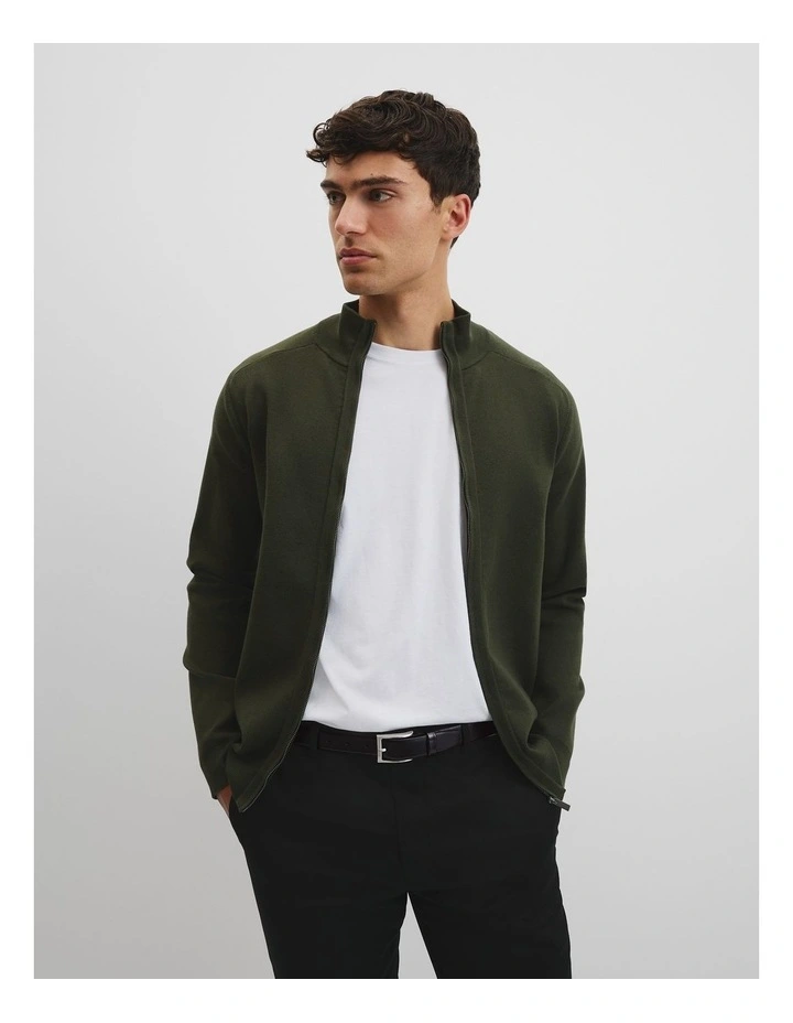 Australian Cotton Silk Blend Zip Through Knit Jacket in Deep Khaki image 1