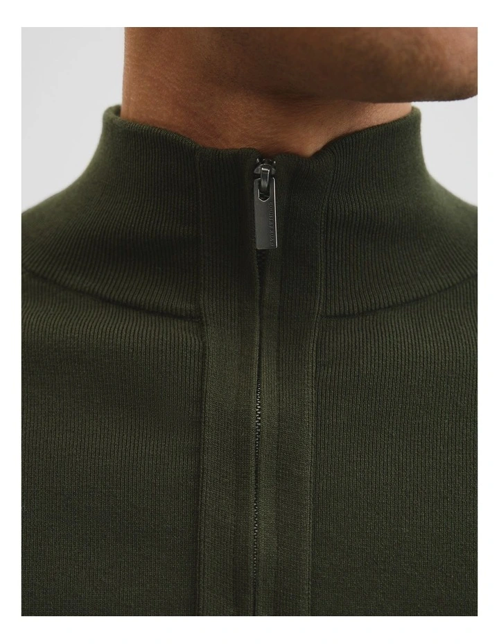 Australian Cotton Silk Blend Zip Through Knit Jacket in Deep Khaki image 3