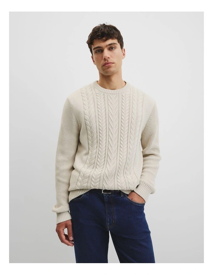 Australian Good Earth Cotton Cable Crew Neck Knit in Husk image 1