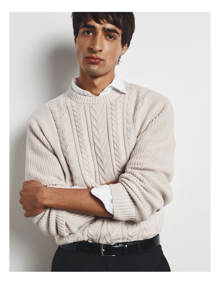Australian Good Earth Cotton Cable Crew Neck Knit in Husk image 2