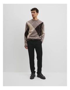 Merino Wool Argyle Crew Neck Knit in Umber