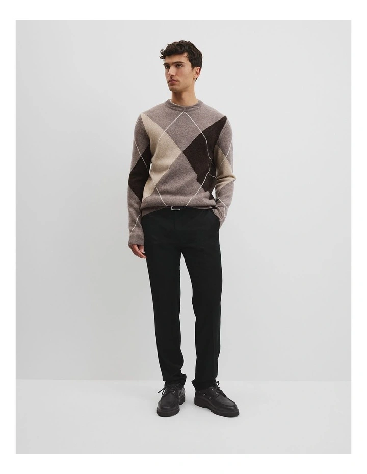 Merino Wool Argyle Crew Neck Knit in Umber image 1