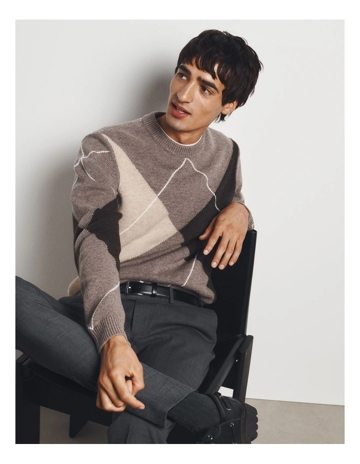 Merino Wool Argyle Crew Neck Knit in Umber image 2