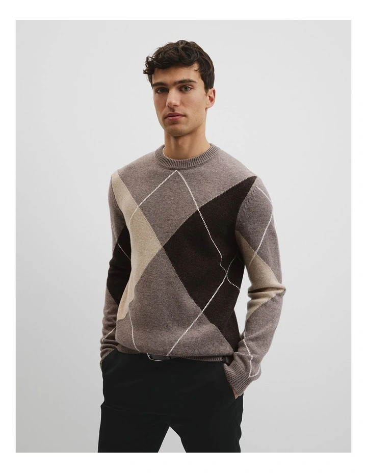 Merino Wool Argyle Crew Neck Knit in Umber image 3
