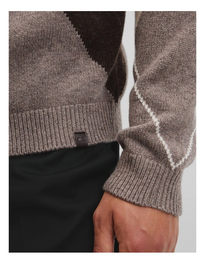 Merino Wool Argyle Crew Neck Knit in Umber image 4