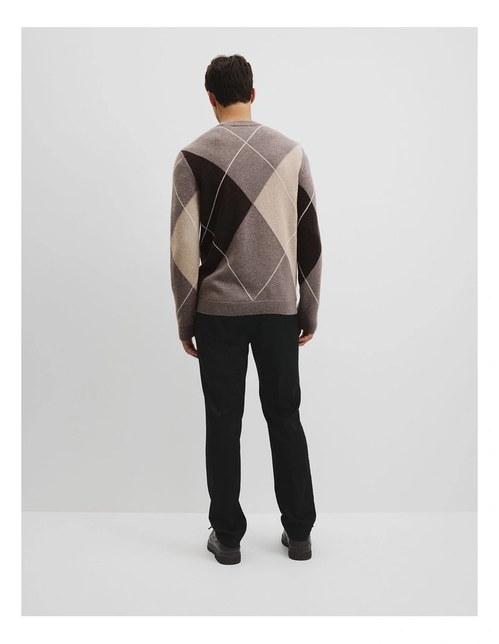 Merino Wool Argyle Crew Neck Knit in Umber image 5