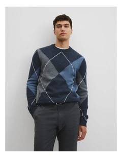 Merino Wool Argyle Crew Neck Knit in Navy Multi