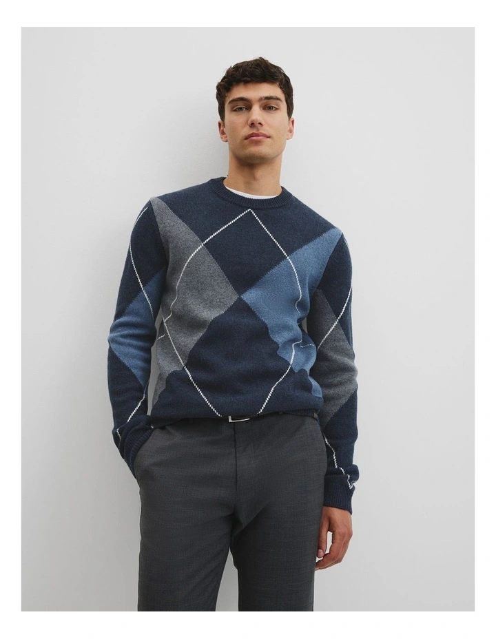 Merino Wool Argyle Crew Neck Knit in Navy Multi image 1