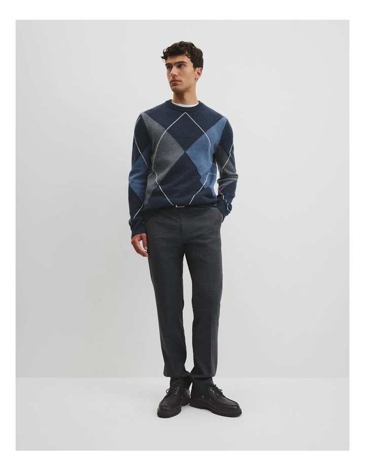Merino Wool Argyle Crew Neck Knit in Navy Multi image 2