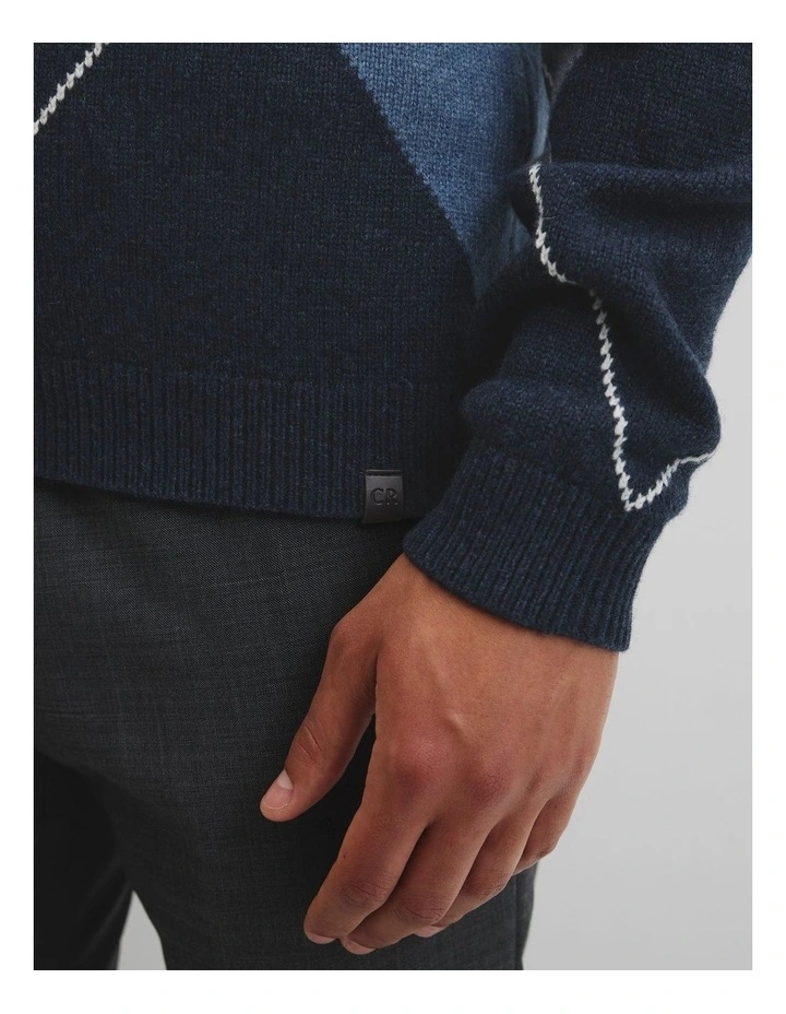 Merino Wool Argyle Crew Neck Knit in Navy Multi image 3