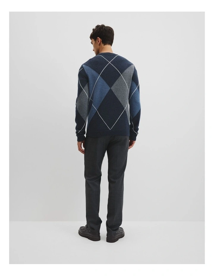 Merino Wool Argyle Crew Neck Knit in Navy Multi image 4