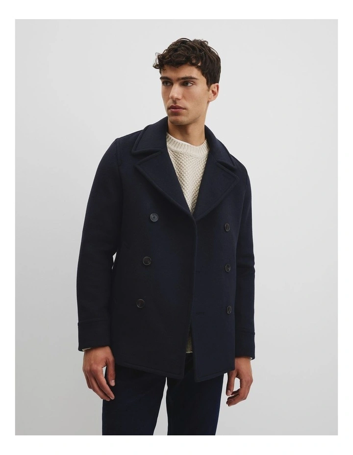 Wool Blend Pea Coat in Navy image 1