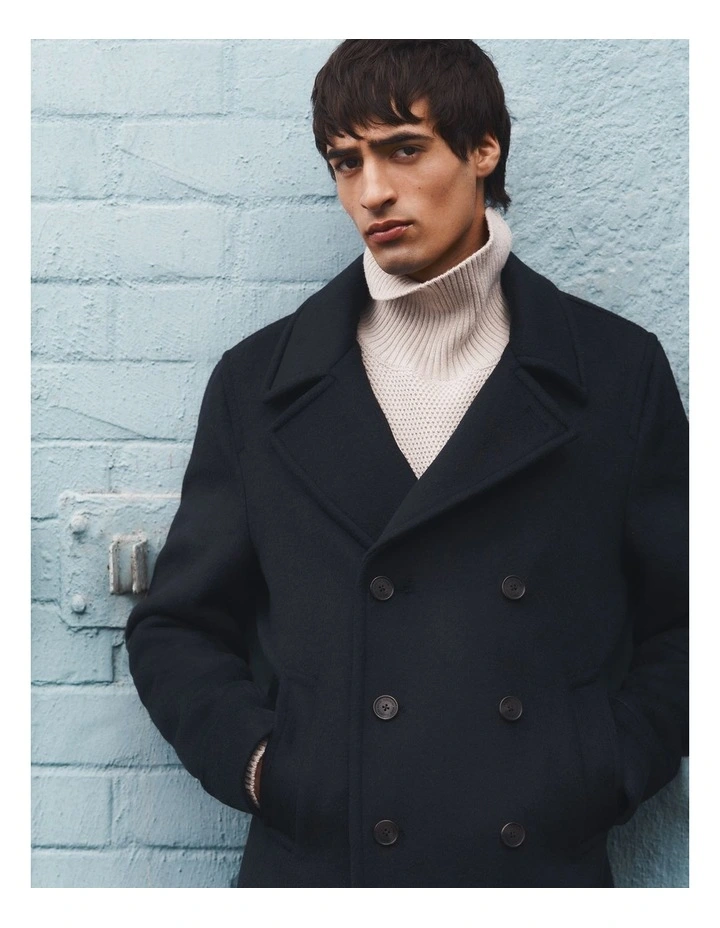Wool Blend Pea Coat in Navy image 2
