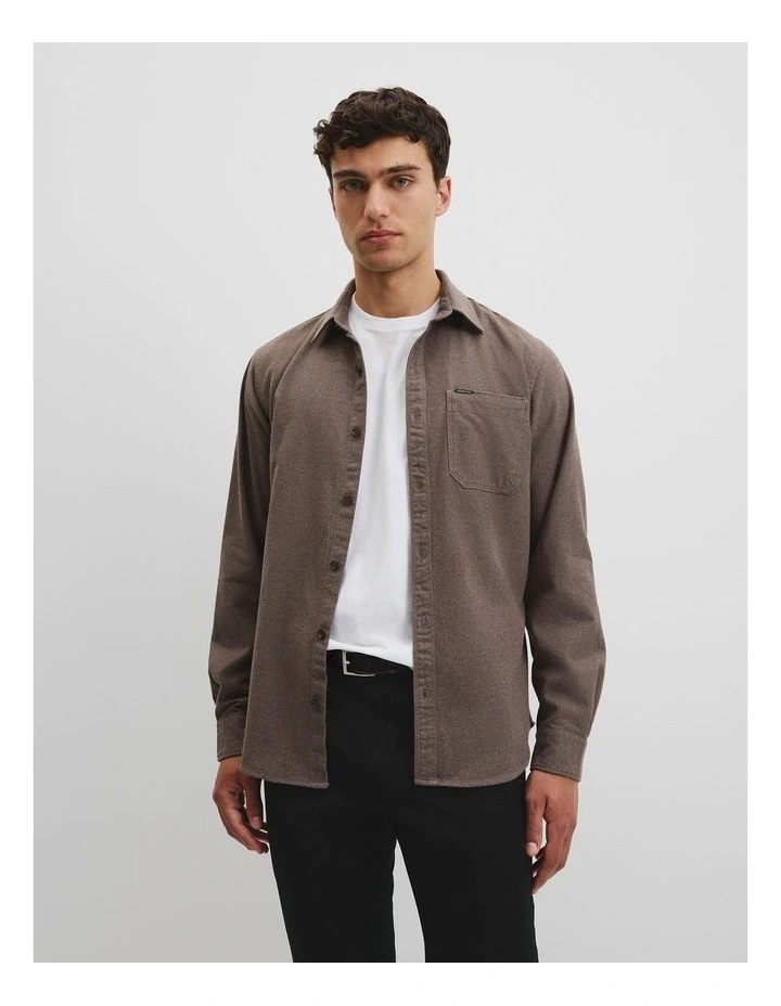 Regular Fit Brushed Cotton Shirt in Umber Melange image 3