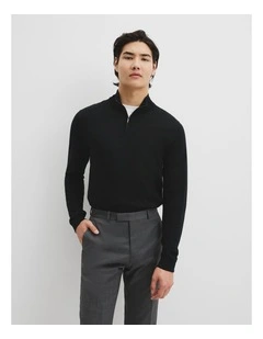 Australian Merino Long Sleeve Vam Hald Zip Knit in Black