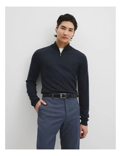 Australian Merino Long Sleeve Vam Hald Zip Knit in Navy Melange