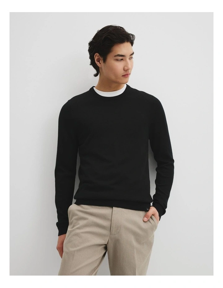 Australian Merino Wool Long Sleeve Crew Neck Knit in Black image 1