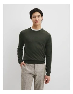 Australian Merino Wool Long Sleeve Crew Neck Knit in Willow Melange