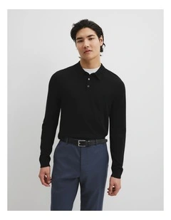 Australian Merino Long Sleeve Am Button Polo Knit in Black