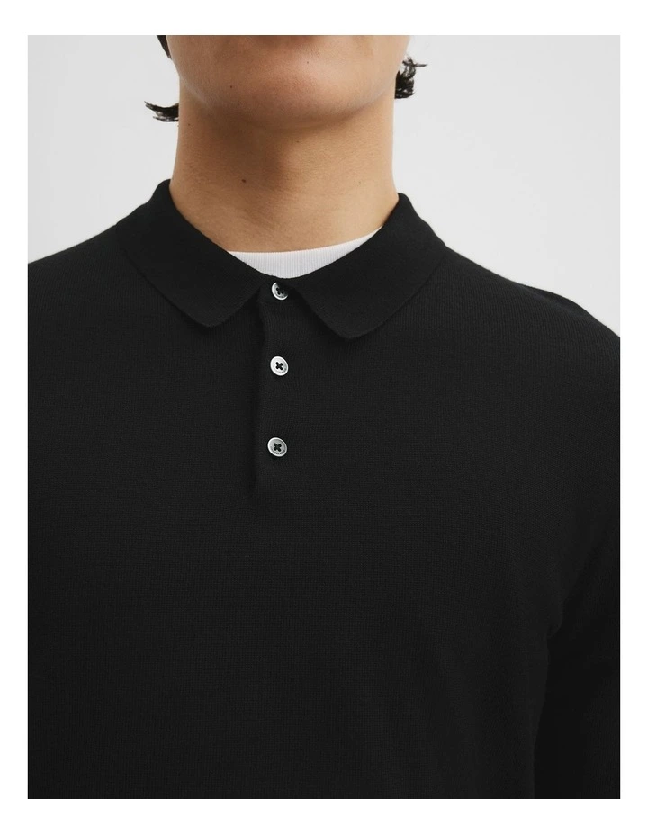 Australian Merino Long Sleeve Am Button Polo Knit in Black image 2