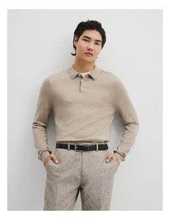 Australian Merino Long Sleeve Am Button Polo Knit in Walnut Melange