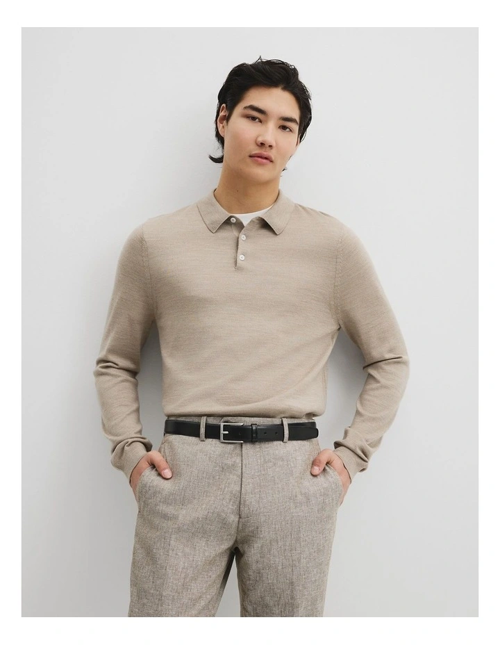 Australian Merino Long Sleeve Am Button Polo Knit in Walnut Melange image 1