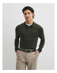 Australian Merino Long Sleeve Am Button Polo Knit in Willow Melange