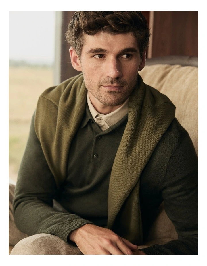 Australian Merino Long Sleeve Am Button Polo Knit in Willow Melange image 2