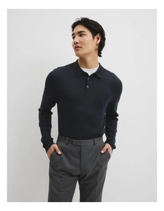 Australian Merino Long Sleeve Am Button Polo Knit in Navy Melange