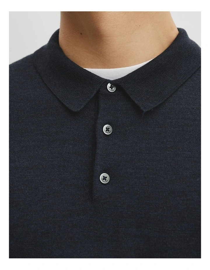 Australian Merino Long Sleeve Am Button Polo Knit in Navy Melange image 2