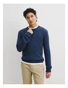 Long Sleeve Cotton Crew Neck Knit in Blueprint