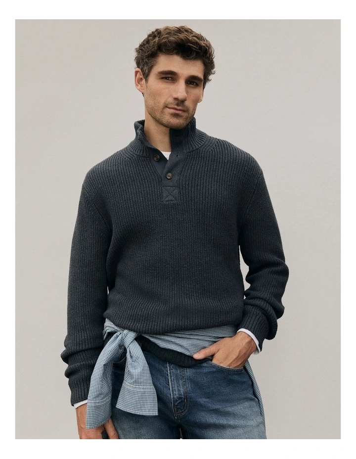 Workwear Australian Cotton Funnel Neck Knit in Midnight Navy image 2