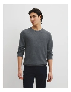 Australian Merino Wool Textured Crew Knit in Midnight Navy