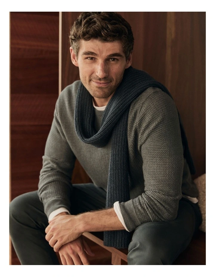 Australian Merino Wool Textured Crew Knit in Midnight Navy image 2