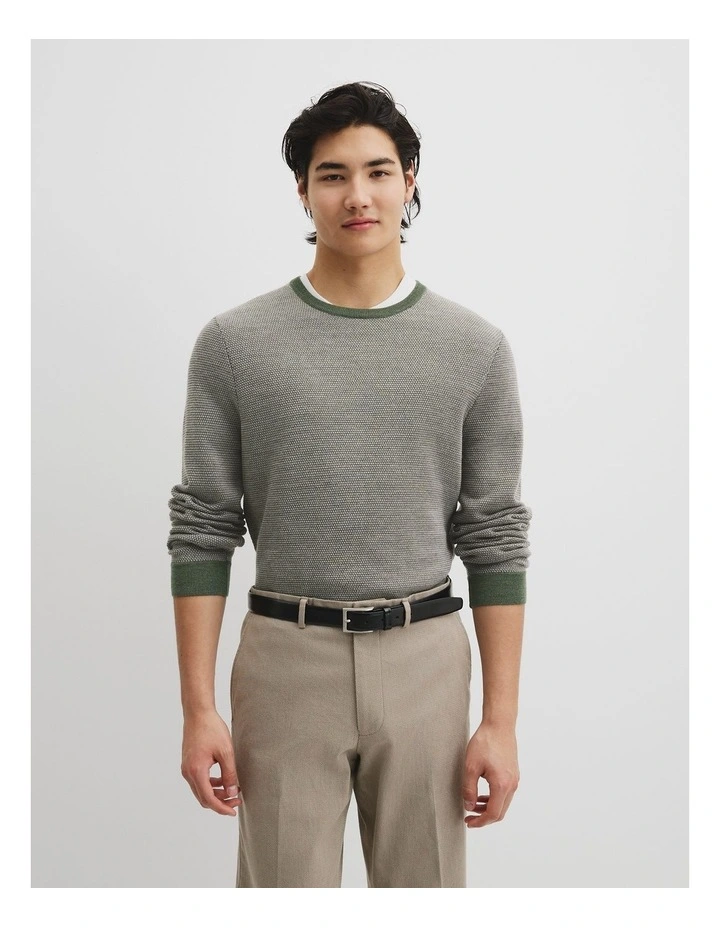 Australian Merino Wool Jacquard Crew Neck Knit in Woodland Green image 1