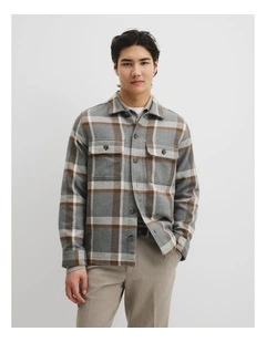 Regular Fit Cotton Blend Check Overshirt in Grey Check