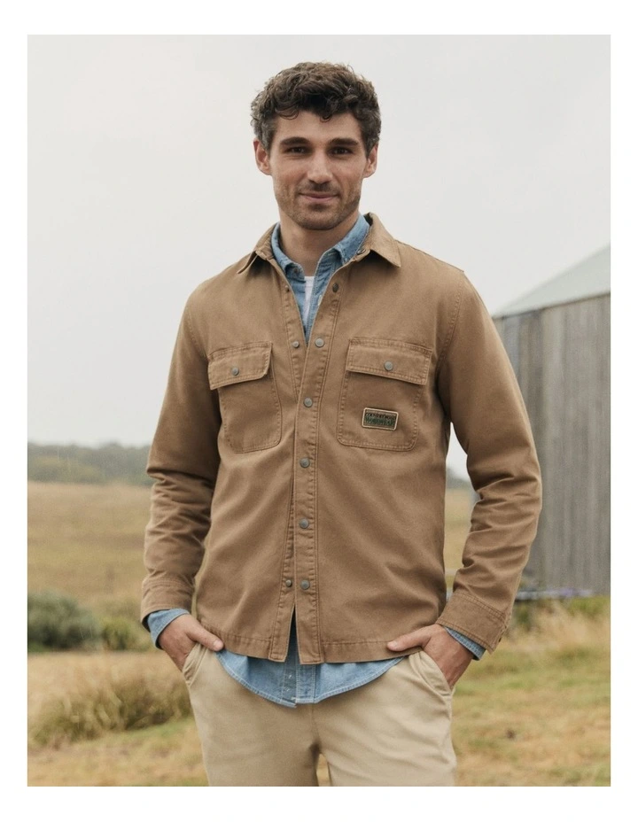 Workwear Garment Dyed Canvas Overshirt in Tan image 2