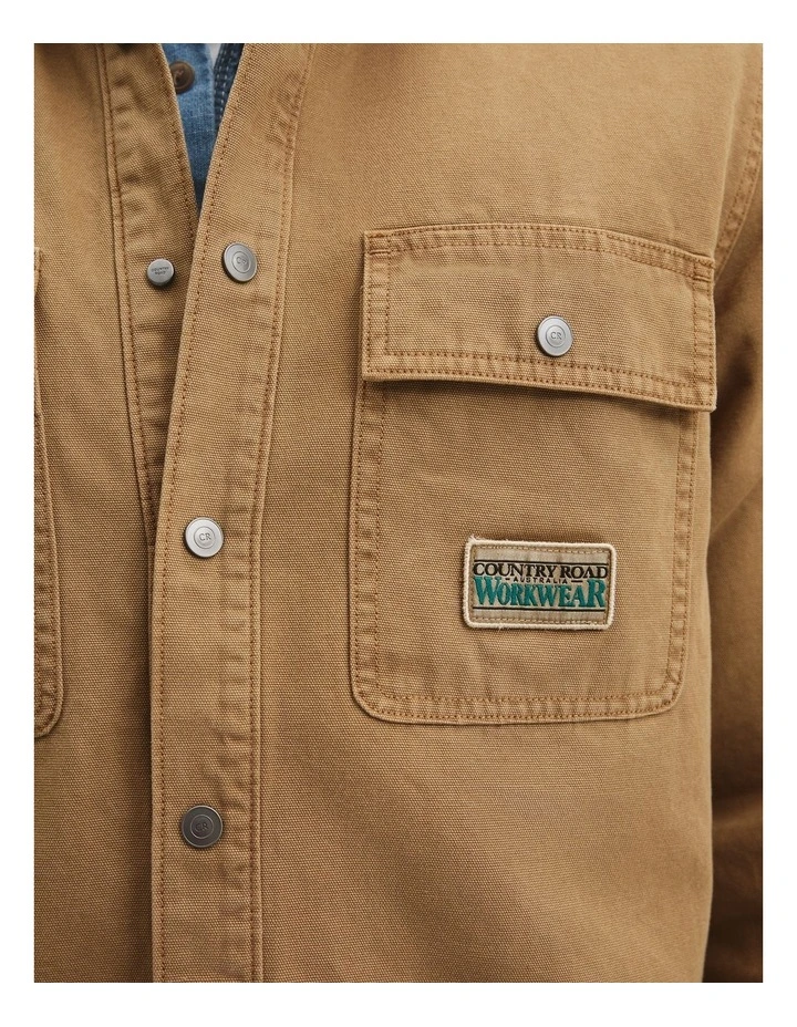 Workwear Garment Dyed Canvas Overshirt in Tan image 3