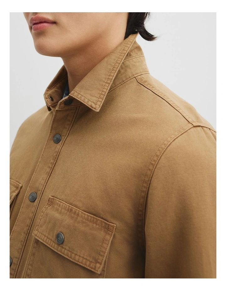 Workwear Garment Dyed Canvas Overshirt in Tan image 6