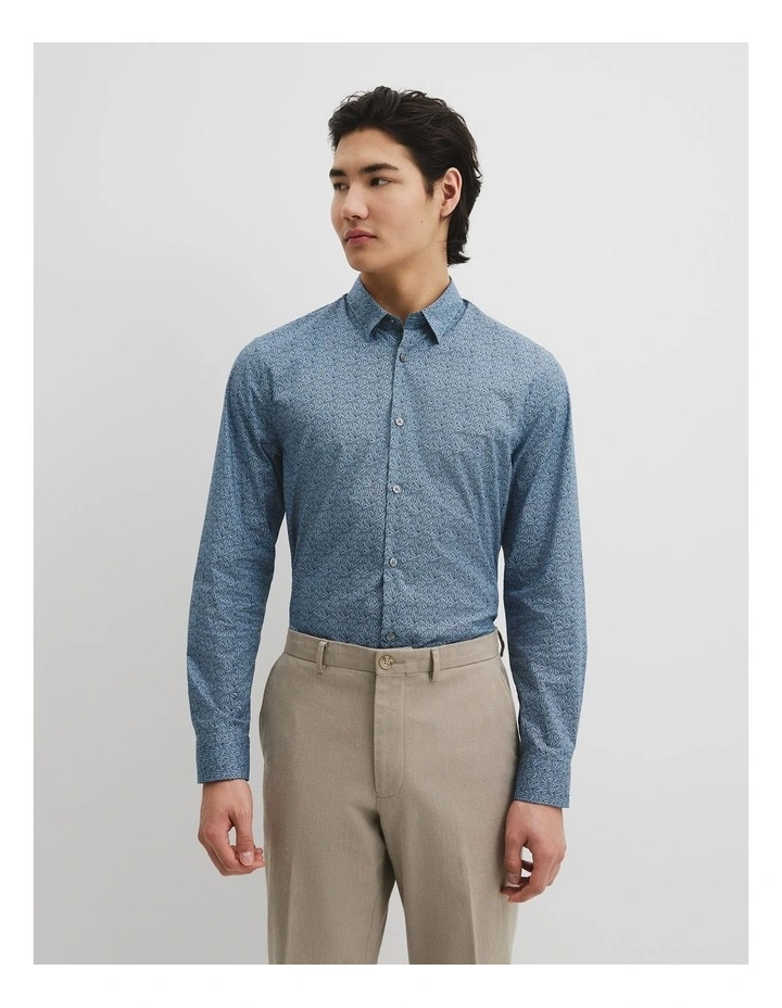 Slim Fit Cotton Leaf Print Shirt in Blue image 2