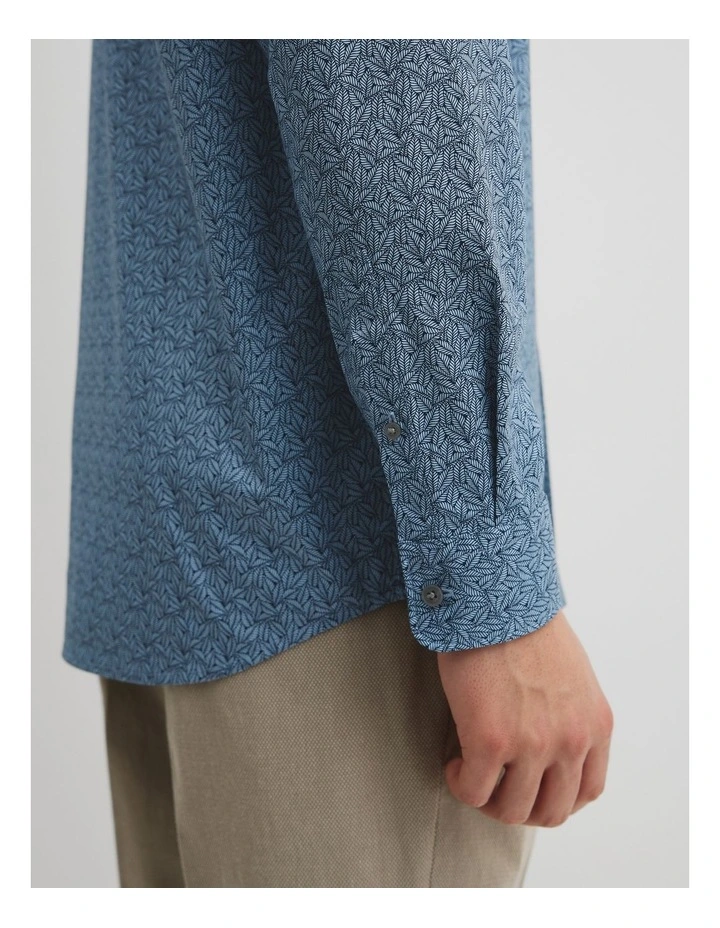 Slim Fit Cotton Leaf Print Shirt in Blue image 3