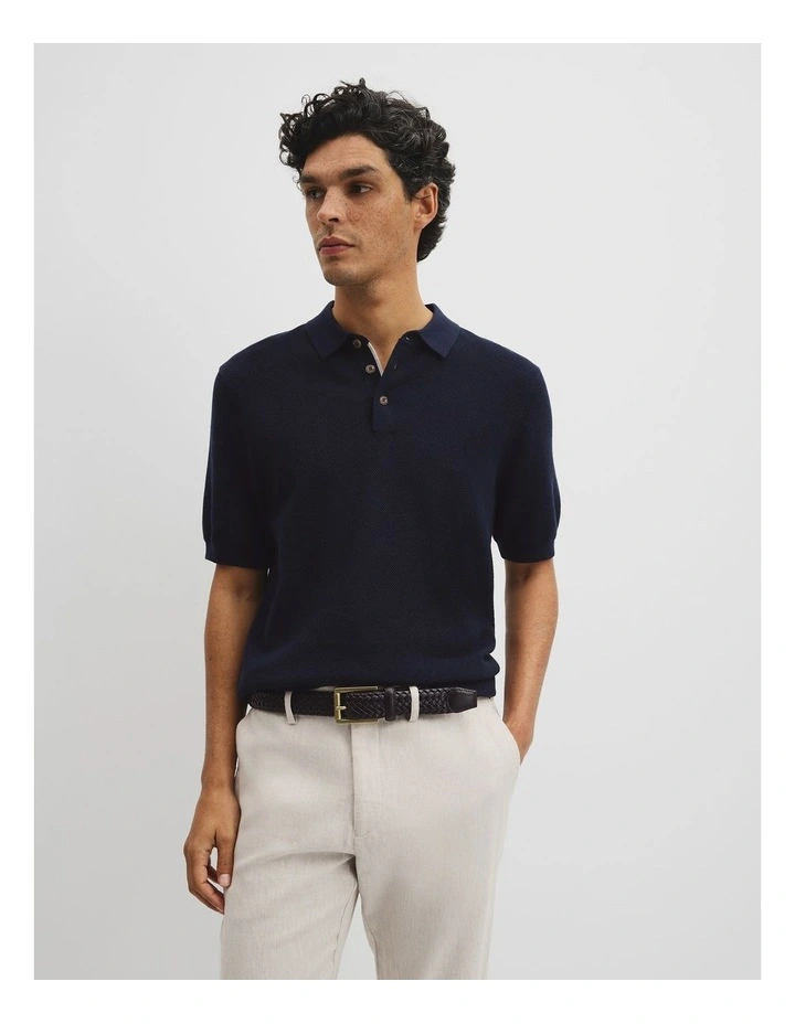 Short Sleeve Good Earth Cotton Pique Knit Polo in Midnight image 1