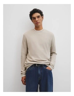 Australian Good Earth Cotton Pique Crew Neck Knit in Chalk Marle