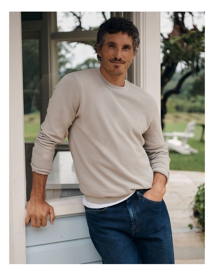 Australian Good Earth Cotton Pique Crew Neck Knit in Chalk Marle image 5