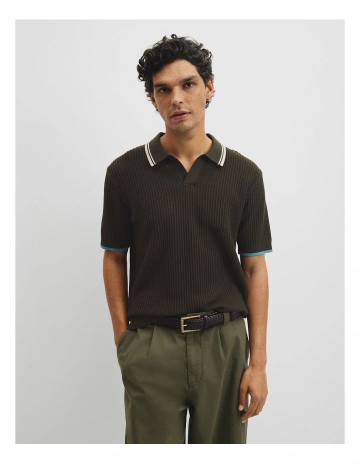 Australian Good Earth Cotton Tapered Trophy Polo in Deep Khaki image 1