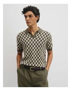 Australian Cotton Silk Jacquard Trophy Polo in Deep Khaki