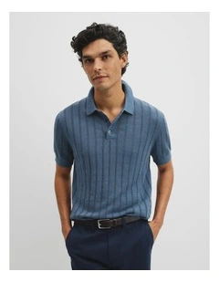 Linen Cotton Stripe Knit Polo in Steel