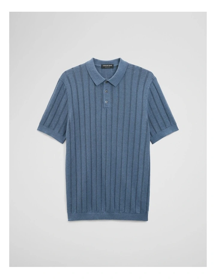 Linen Cotton Stripe Knit Polo in Steel image 2