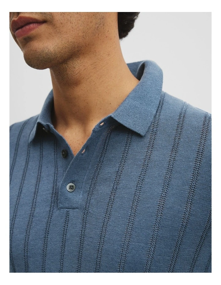 Linen Cotton Stripe Knit Polo in Steel image 3